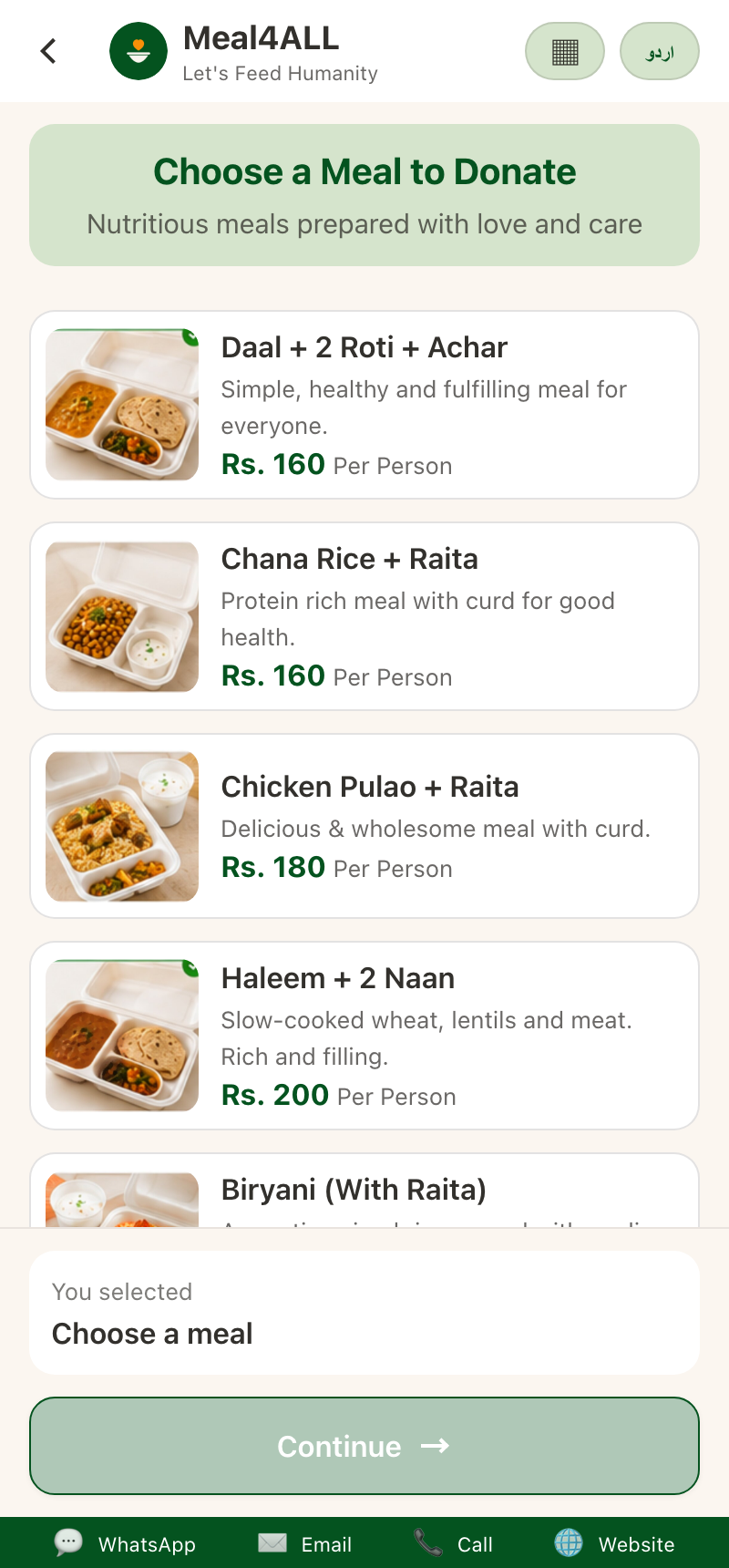 The Meal4ALL app showing a list of meals to sponsor, each with a photo and a price per person in rupees.